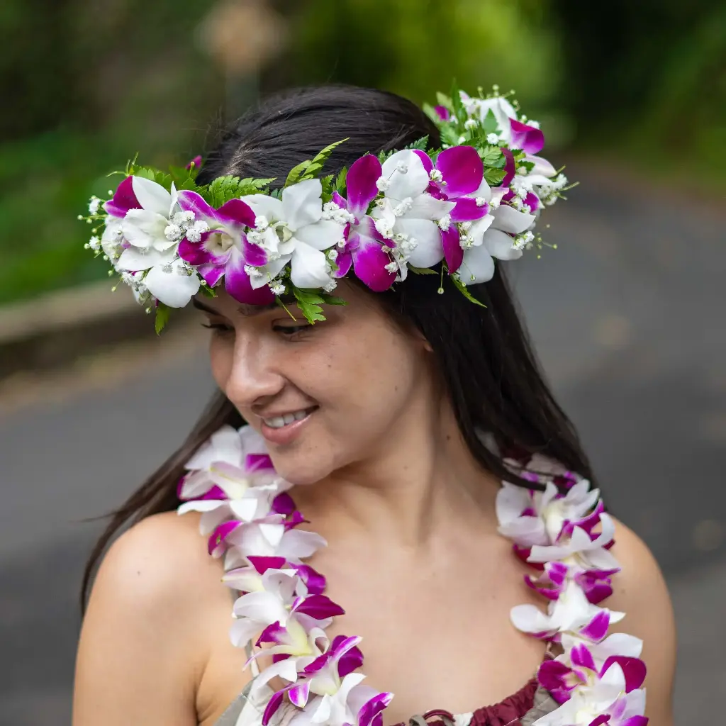 Purple & White Orchid Haku - Handcrafted Floral Leipo'o